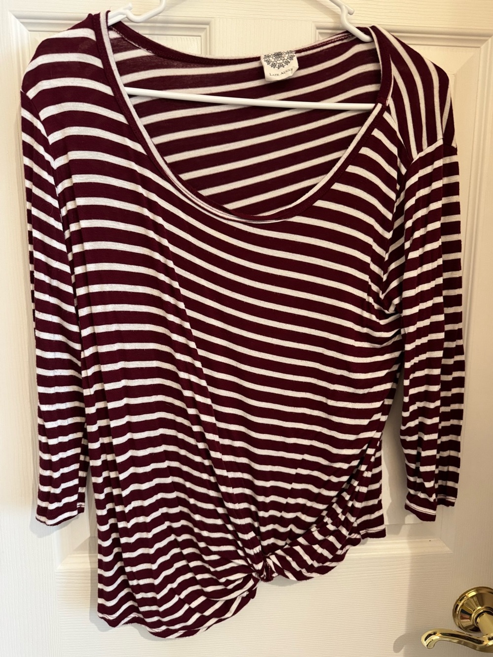 Late August Striped Scoop Neck Knot-Front Women's Top - Burgundy & White